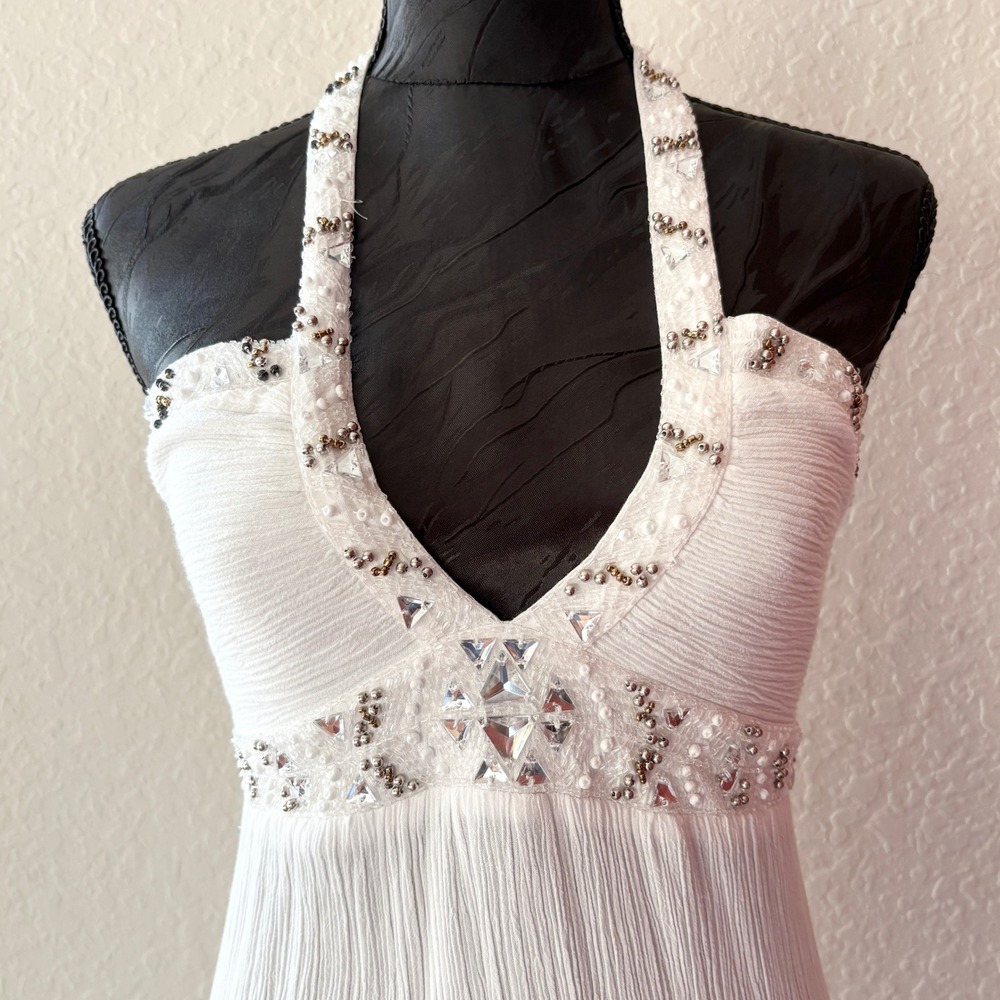 IndoMario White Crinkle Rayon Embellished Halter Maxi Dress Small